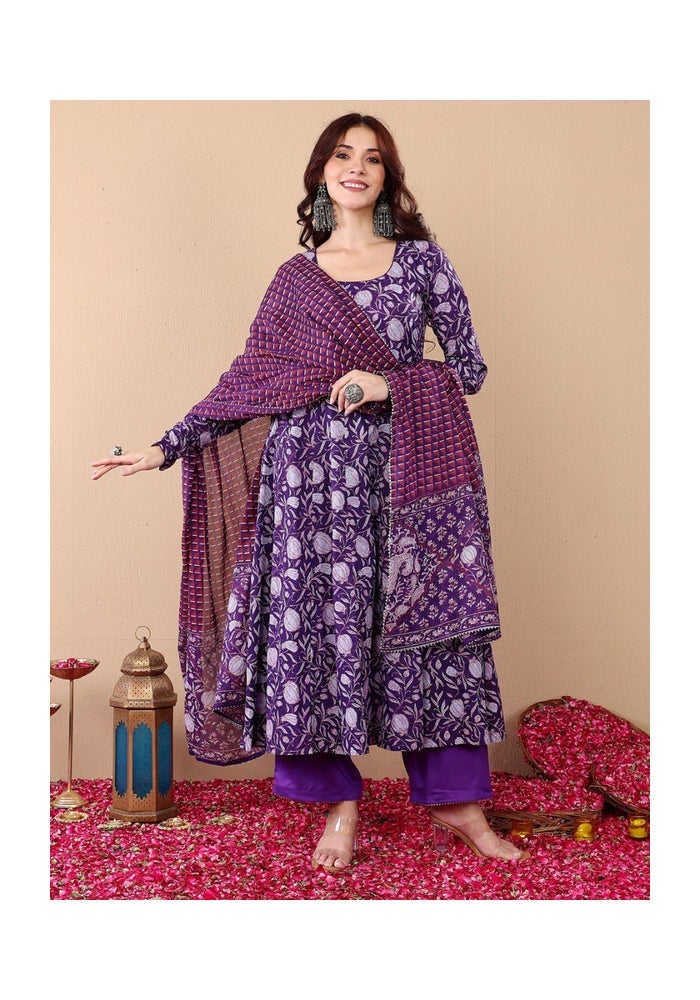 Malishka Export Purple Rayon Printed Anarkali Kurta Pant With Dupatta for Women - Image 5